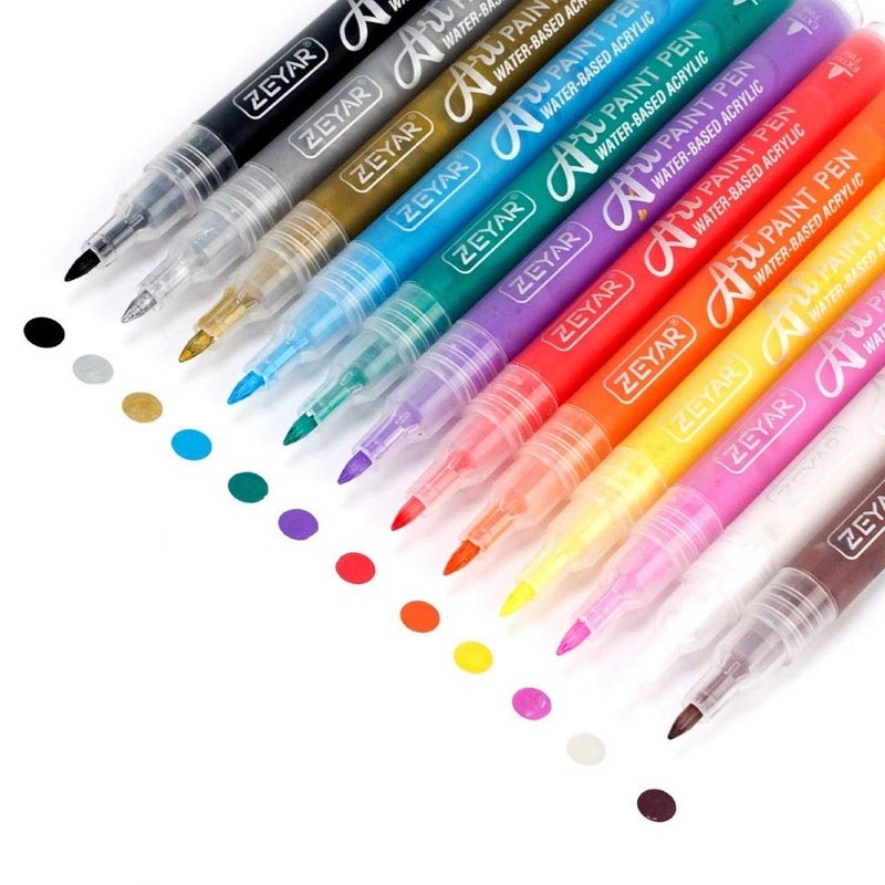 ZEYAR Acrylic Paint Pens, Extra Fine Point, AP Certified, 12 Colors, Water Based, Permanent & Waterproof Ink, Works on Rock, Wood, Glass, Metal, Ceramic and Non porous Surfaces (12 Colors) - Image 1